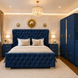 Complete King Bedroom Furniture Set – With Five Door Wardrobe With One Long Mirror - Chest of Five Drawers With Two Bed Side Table