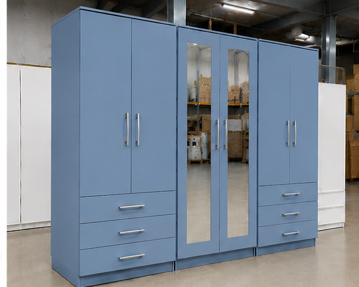 6 Door Blue Wooden Wardrobe with 6 Drawers & 2 Mirrors – Modern Bedroom Storage Cabinet