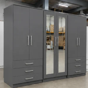 6 Door Light Grey Wooden Wardrobe with 6 Drawers & 2 Mirrors – Modern Bedroom Storage Cabinet