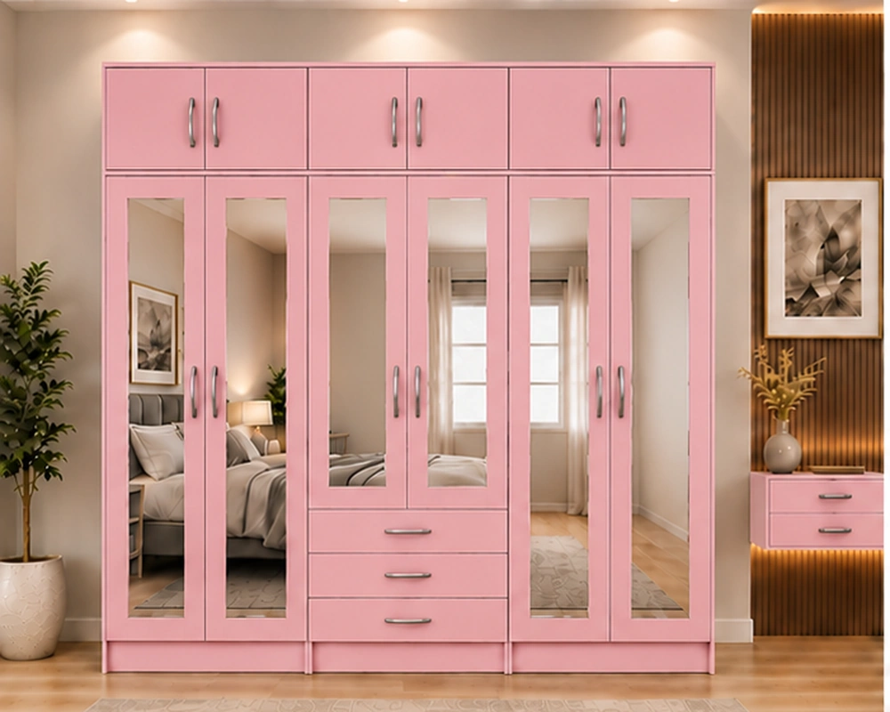 Soft Pink Bedroom Wardrobe – Modern 6 Door Mirrored Storage Design