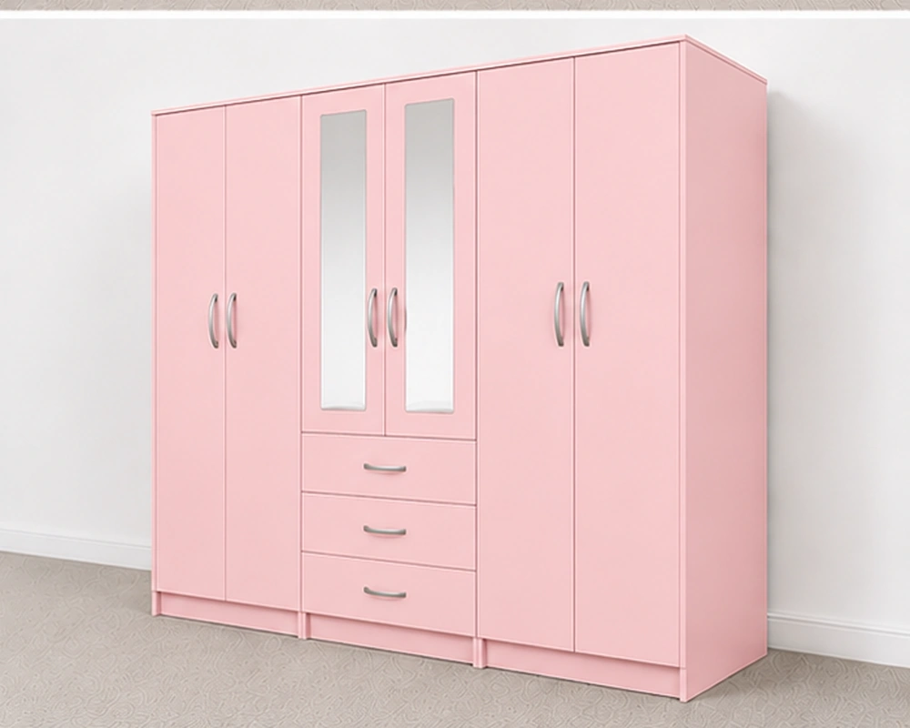 6 Door Pink Wardrobe with 3 Drawers & Mirror - Modern Bedroom Storage Cabinet - Image 3