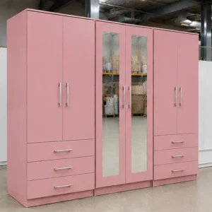 Modern 6 Door Pink Wardrobe with 6 Drawers & Double Mirrors – Stylish Bedroom Storage