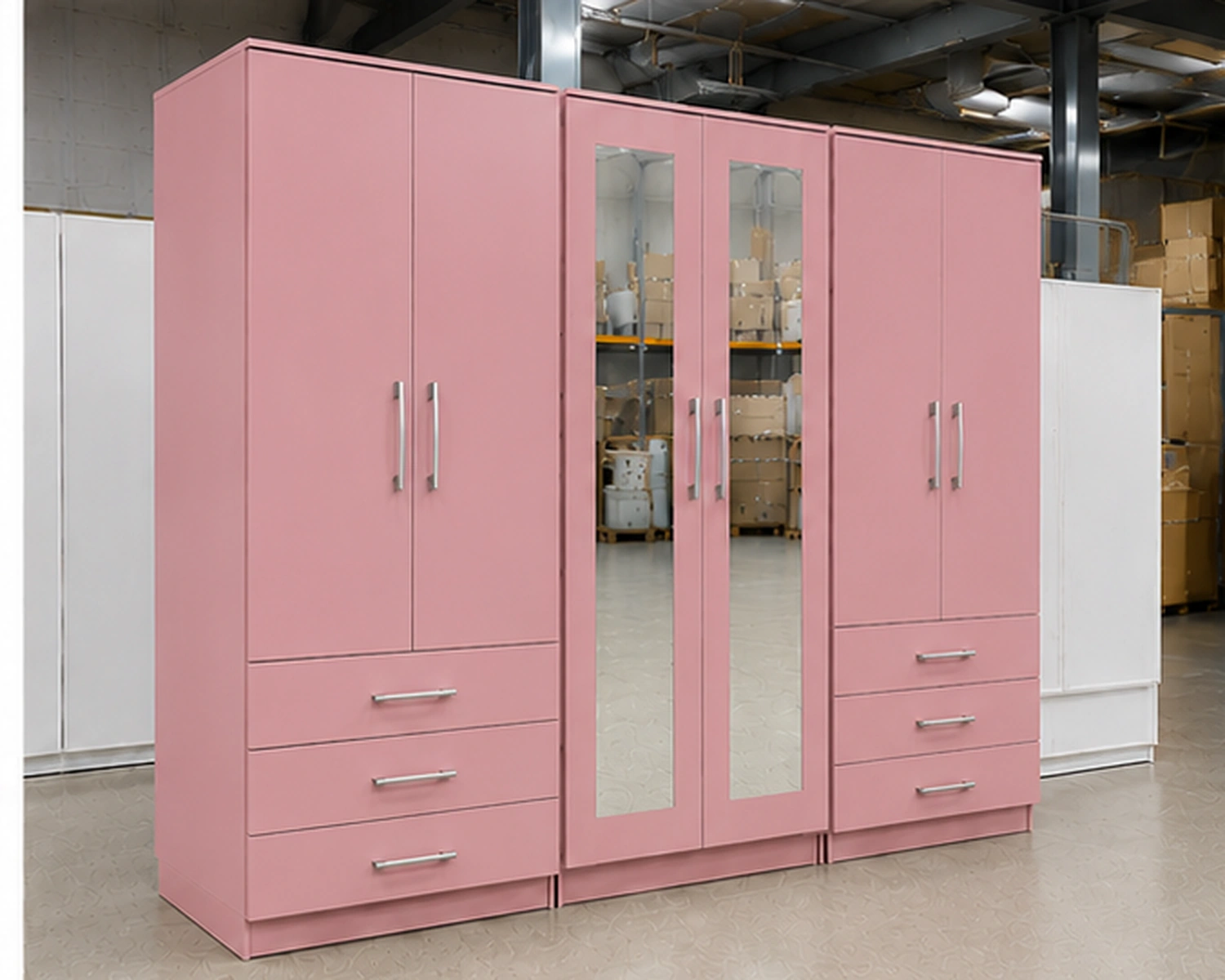 Modern 6 Door Pink Wardrobe with 6 Drawers & Double Mirrors – Stylish Bedroom Storage
