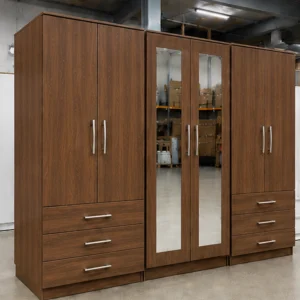 Modern 6 Door Walnut Wardrobe with 6 Drawers & Double Mirrors – Stylish Bedroom Storage