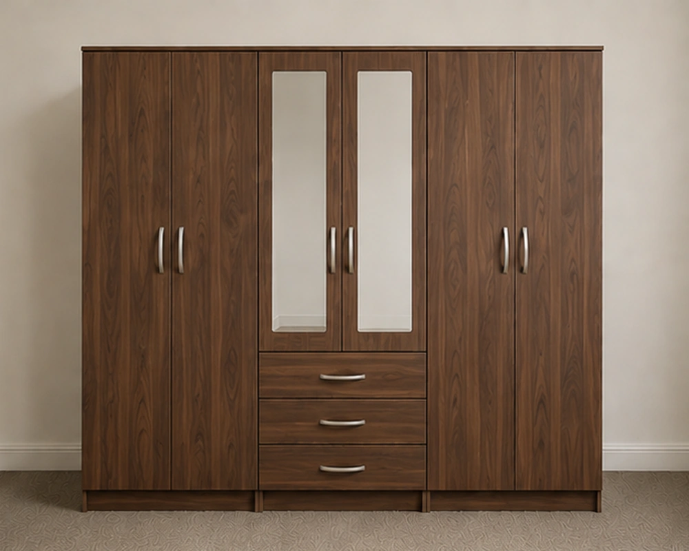 6 Door Wooden Wardrobe with 3 Drawers & Double Mirrors – Bedroom Storage Cabinet - Image 2