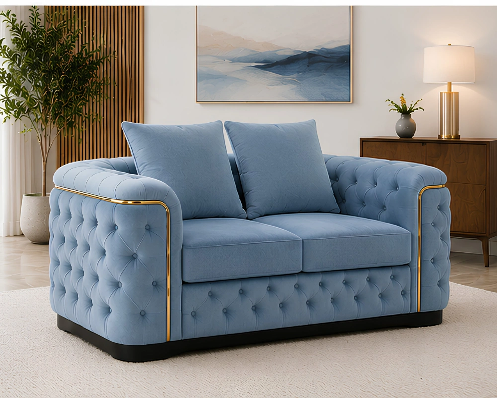 Madrid Light Blue 2 Seater Sofa – Luxury Chesterfield Fabric Sofa with Gold Accents | UK - Image 3
