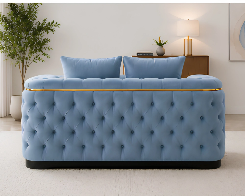 Madrid Light Blue 2 Seater Sofa – Luxury Chesterfield Fabric Sofa with Gold Accents | UK - Image 4