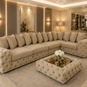 Premium Beige L Shape Sofa – Elegant Tufted Corner Living Room Sofa