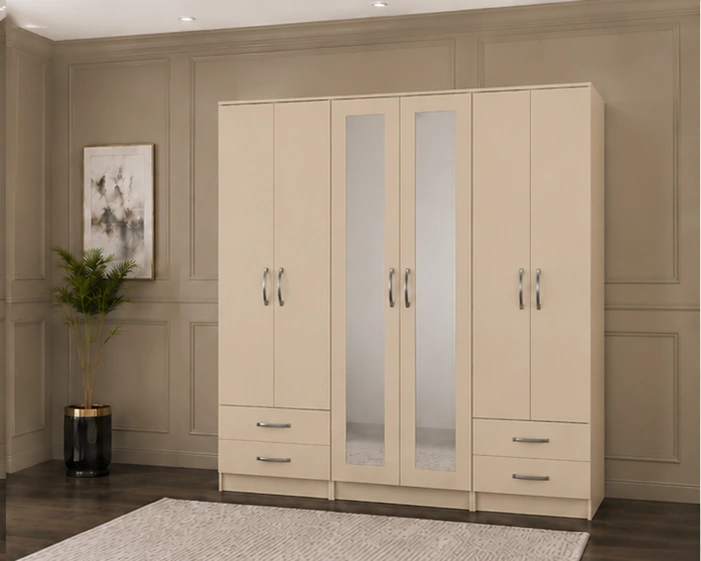 Spacious Wardrobe with 6 Doors, Mirrors and Storage Drawers | Stylish Contemporary Bedroom Storage Unit for Everyday Organisation