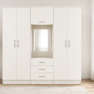 Cream White Mirrored Wardrobe – Six Door Design with Elegant Drawers