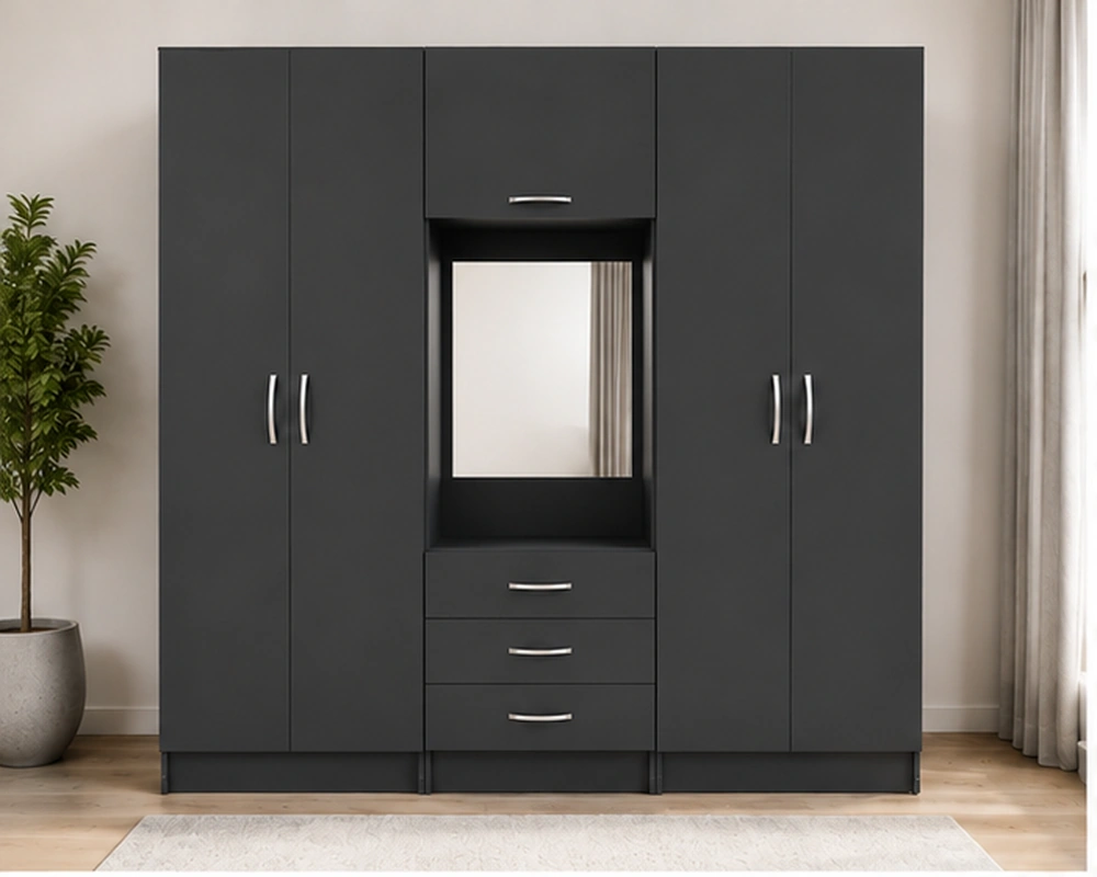Graphite Grey 6 Door Wardrobe with Centre Mirror – Refined Bedroom Storage