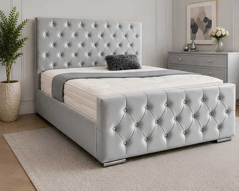 Contemporary Light Silver Florida King Bed – 5ft 180 × 200 cm Stylish Tufted Design wit mattress