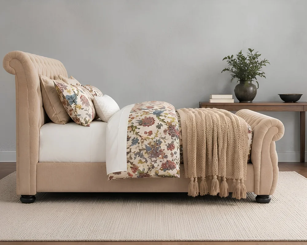 Beige Velvet Sleigh Double Bed Frame - 160x200cm Upholstered Bed with mattress - Image 2