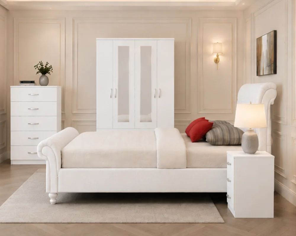 Complete Bedroom Collection With Double Bed - four Door Wardrobe With Four Drawer - Chest of Five Drawers With Two Bed Side Table - Image 3