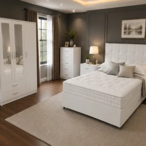 Elegant King Bed with Three Door Wardrobe With Four Drawer - Chest of Five Drawers With Two Bed Side Table