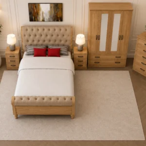 Wooden King Size Bed Furniture Set - four Door Wardrobe With Four Drawer - Chest of Five Drawers With Two Bed Side Table