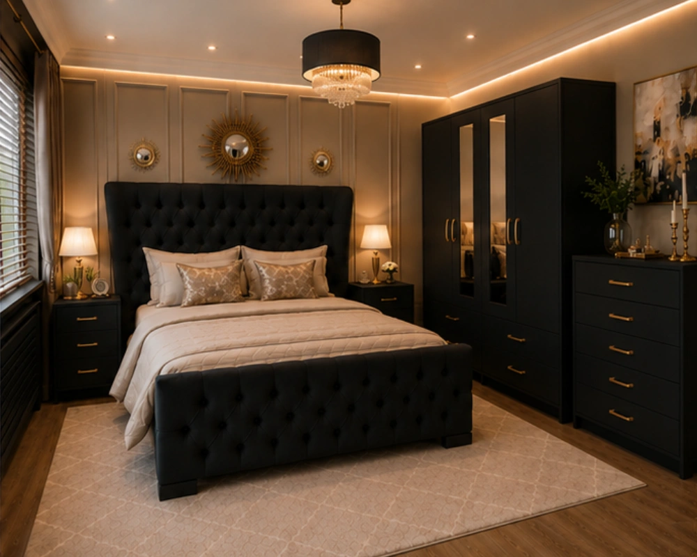 Wooden Bedroom Set with King Size Bed – with Four Door Wardrobe With Four Drawer - Chest of Five Drawers With Two Bed Side Table - Image 3