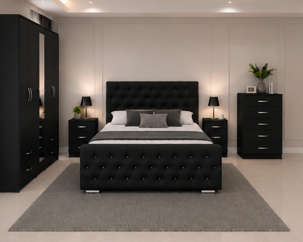Classic Double Bed With Five Door Wardrobe With One Mirror - Chest of Five Drawers With Two Bed Side Table - Image 4