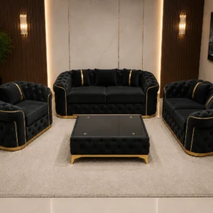 Luxury Black Velvet 3+2+1 Seater Chesterfield Sofa Set with Gold Trim