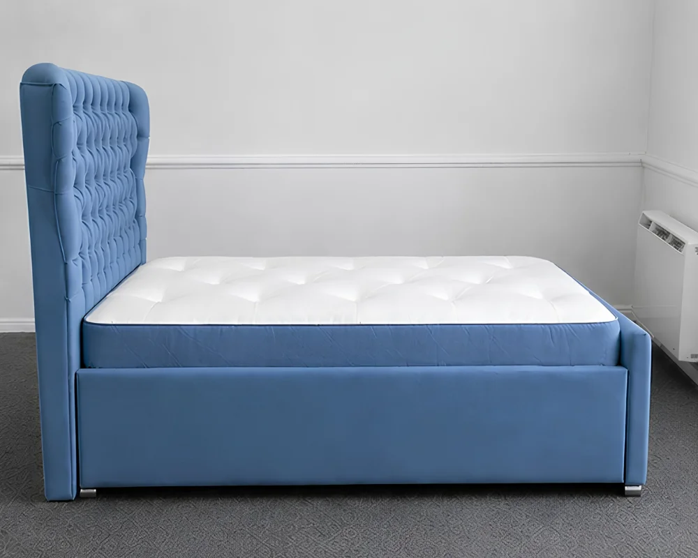 Midnight Blue Oxford Single Bed – Elegant Upholstered Design with Mattress - Image 2