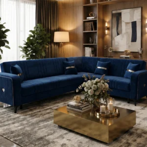 Luxury Navy Blue L-Shaped Sofa 6 seater – Premium Velvet Corner Sofa