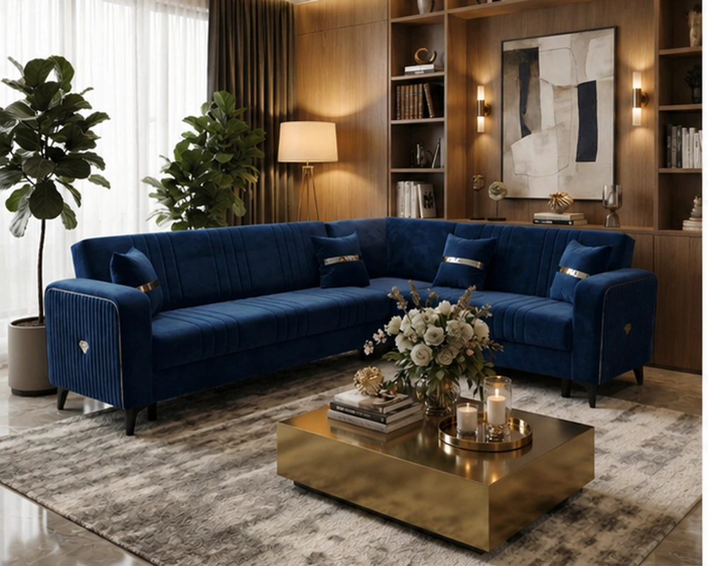 Luxury Navy Blue L-Shaped Sofa 6 seater – Premium Velvet Corner Sofa