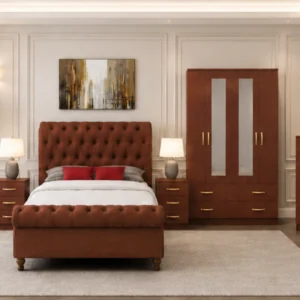 Contemporary King Size Bed Set - four Door Wardrobe With Four Drawer & 2 mirror - Chest of Five Drawers With Two Bed Side Table