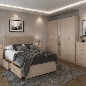 Contemporary Double Bed Furniture Set – Five Door Wardrobe with Full Length Mirror, Four Bottom Drawers – Chest of Five Drawers & Matching Bed Side Tables