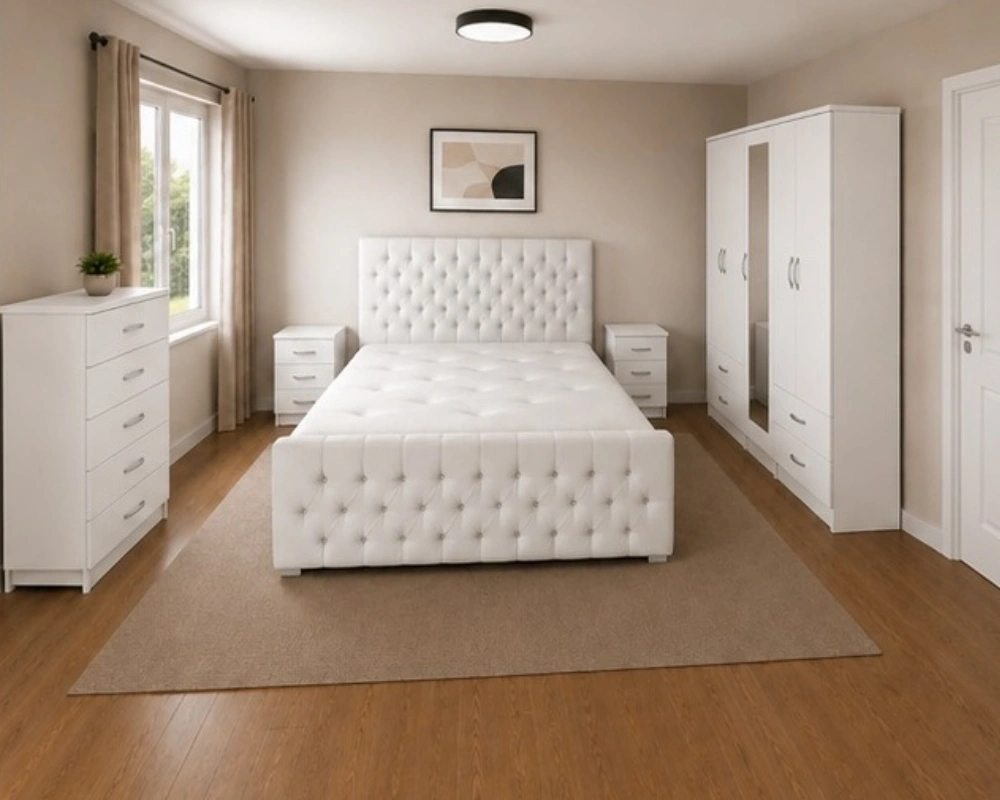 Complete Double Bed Furniture Package - Four Door Wardrobe With Two Mirrors And Four Bottom Drawers - Chest of Five Drawers With Two Bed Side Tables - Image 2
