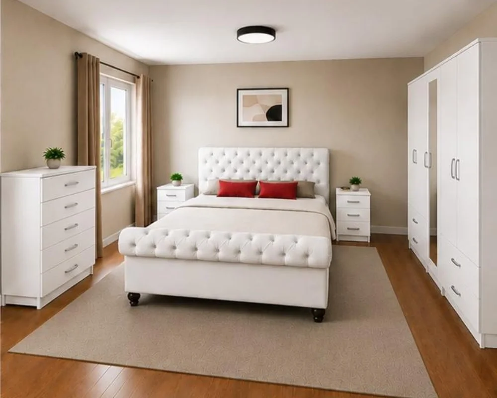 Modern Double Bed Furniture Collection - five Door Wardrobe With Four Drawer - Chest of Five Drawers With Two Bed Side Table - Image 2