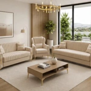 Luxury Turkish Sofa Set – Cream 3+2+1 Sofa Set with Gold Accents