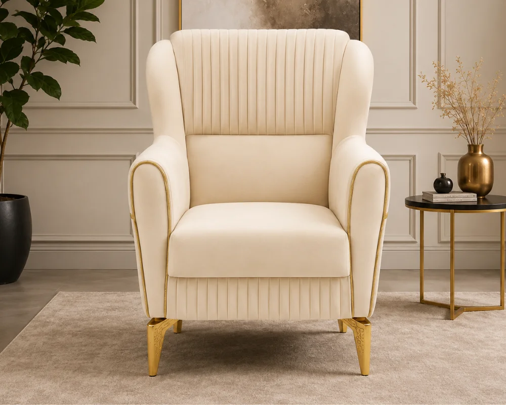 Luxury Cream Wingback Accent Chair – Fluted Upholstery with Gold Trim & Elegant Legs - Image 2
