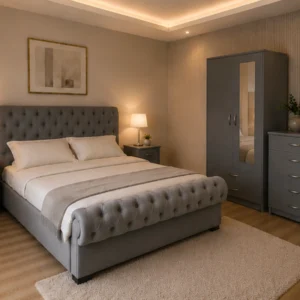 King Size Premium Bedroom Set With Two Door Wardrobe With One Mirror - Chest of Five Drawers With Two Bed Side Table
