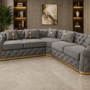 Madrid 5 Seater Grey Velvet Corner Sofa with Gold Trim | Luxury Chesterfield Sofa