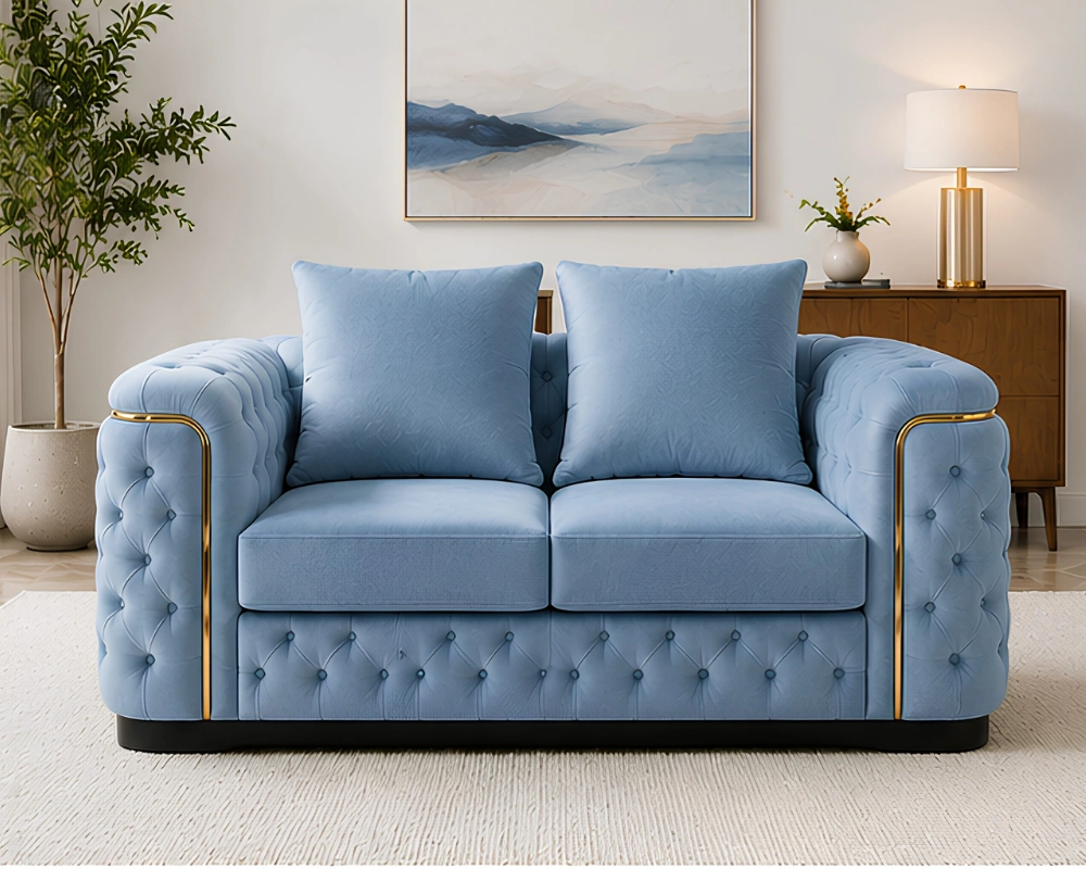 Madrid Light Blue 2 Seater Sofa – Luxury Chesterfield Fabric Sofa with Gold Accents | UK