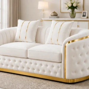 Madrid Luxury White Velvet Sofa with Gold Trim – Modern 2-Seater