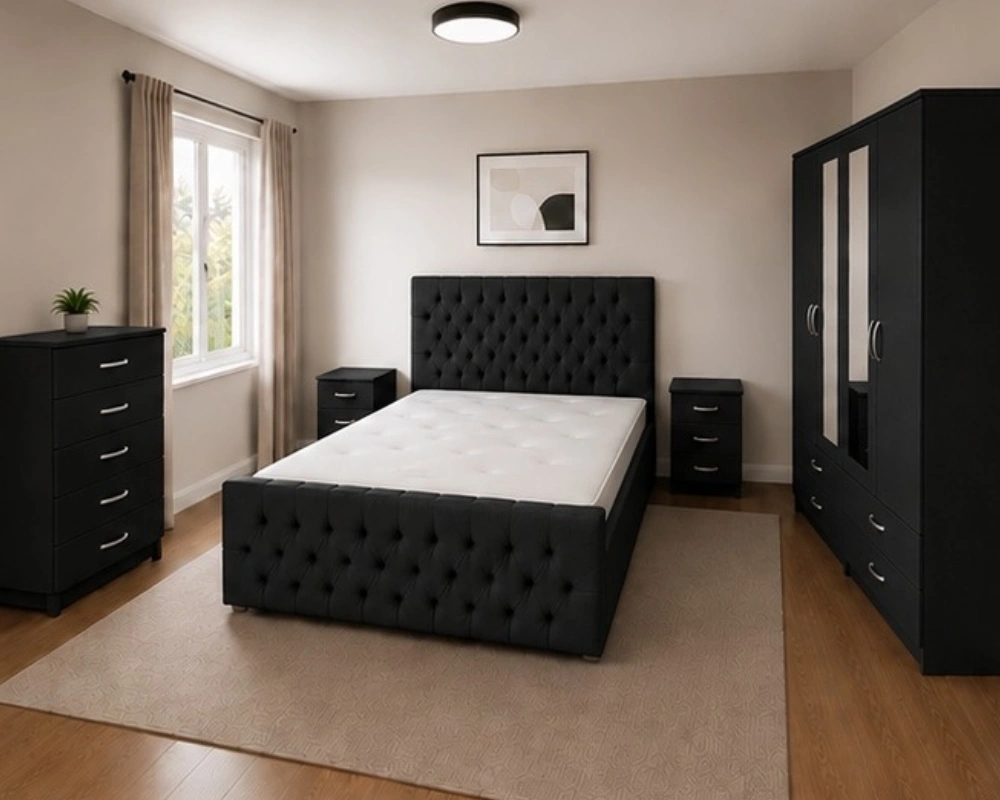 Modern Double Bed Furniture Collection - Four Door Wardrobe With Two Mirrors And Four Bottom Drawers - Chest of Five Drawers With Two Bed Side Tables - Image 2