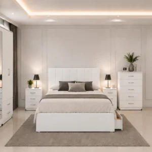 Complete Luxury Bedroom Collection – Double Bed, 5 Door Full Length Mirror Wardrobe, Chest of Five Drawers & Matching Bed Side Tables