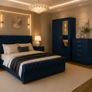 King Size Bed Storage Collection - 2 Door Wardrobe With Mirror And Bottom Drawer - Chest of Five Drawers - Two Bedside Tables