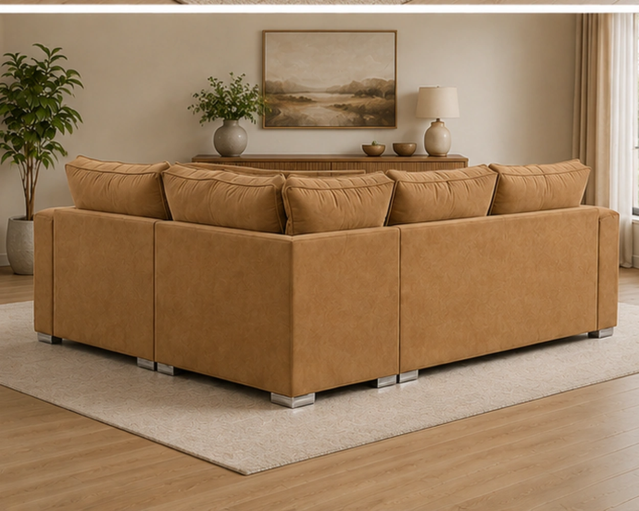 Luxury Camel Brown L-Shaped Corner Sofa – Modern Tufted Fabric Sectional - Image 3