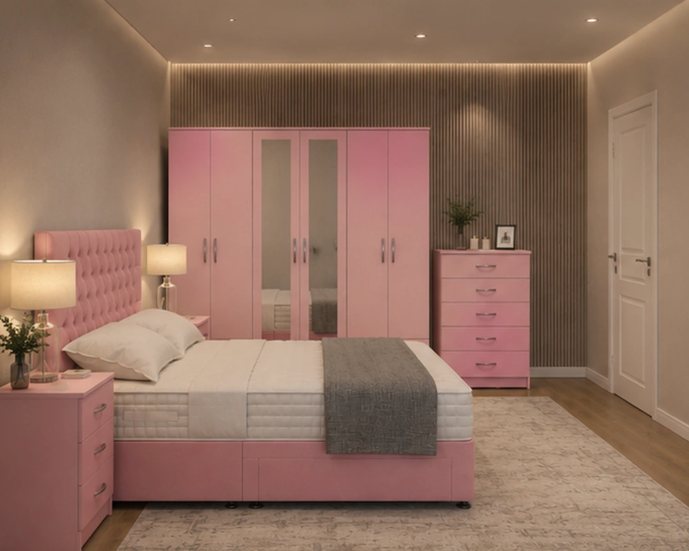 Contemporary Bedroom Set - King Size Bed Frame - Six Door Wardrobe - Five Drawer Chest - Two Bedside Tables - Image 3