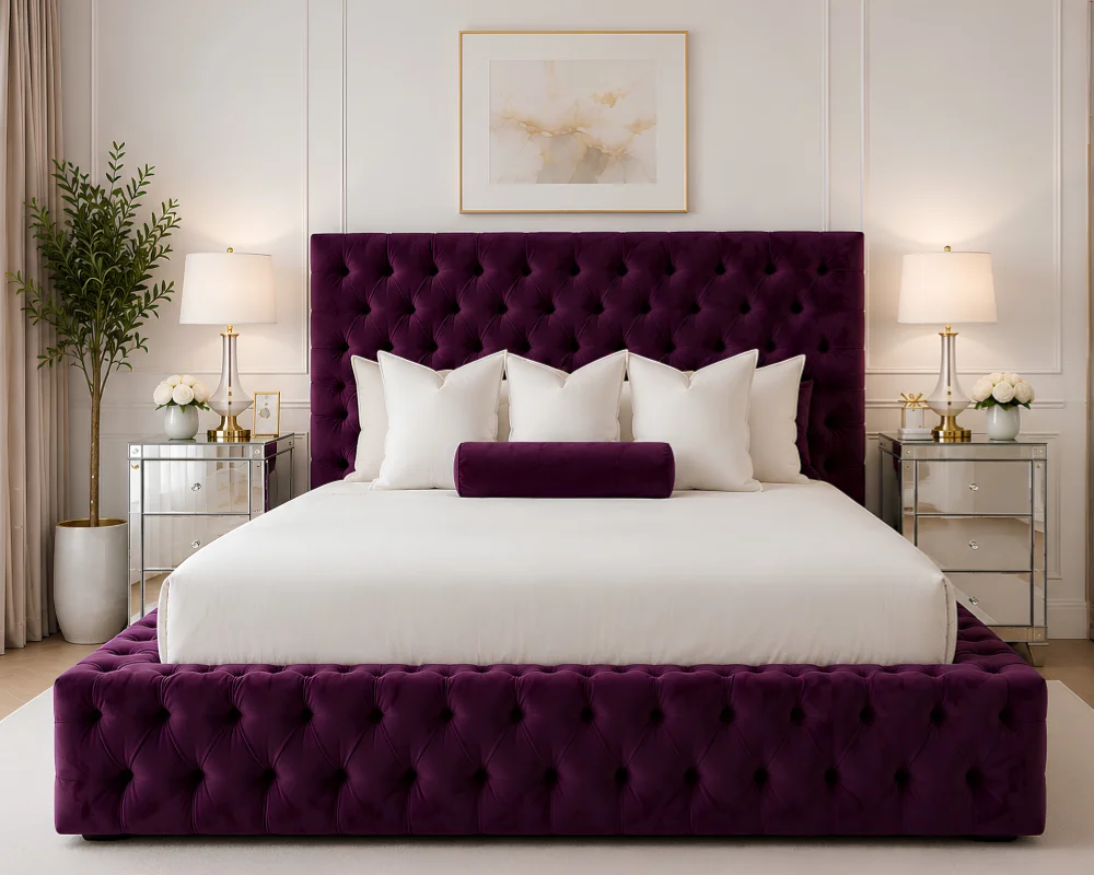 Purple Velvet Double Bed with Mattress-Royal Purple Double Bed with Mattress – 4ft6