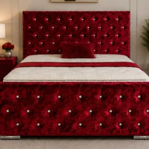 Burgundy Red Velvet Bed Frame with mattress – Elegant Tufted Upholstered Bed with Headboard & Footboard