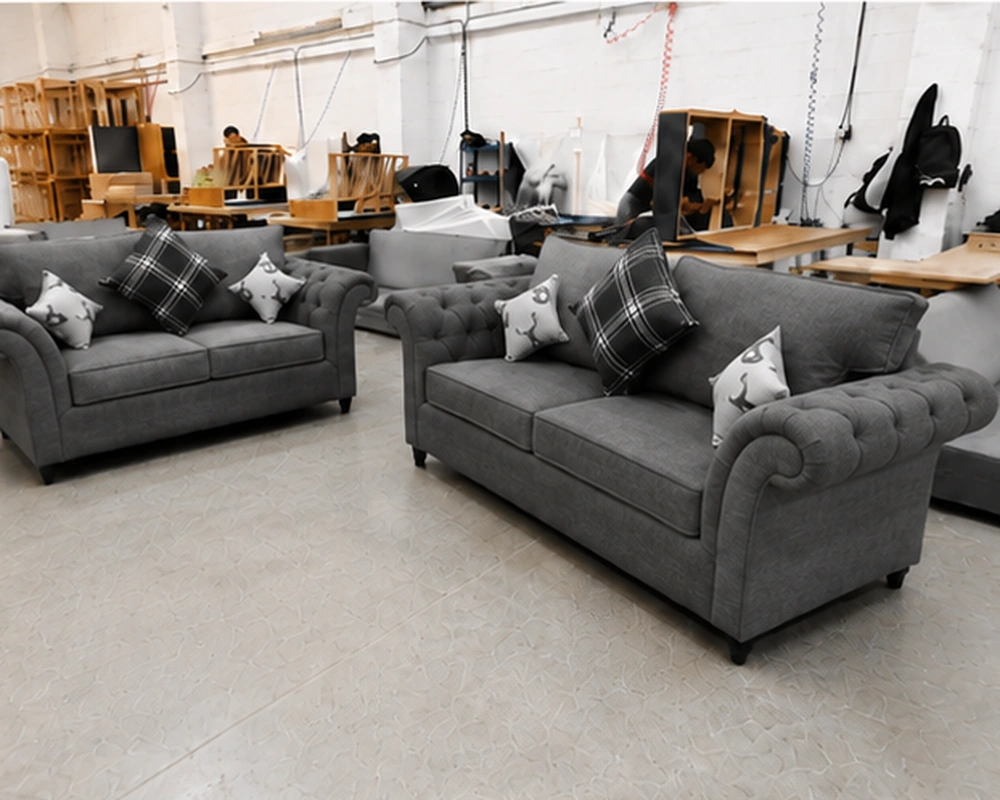 Luxury Grey 3+2 Seater Sofa Set – Classic Chesterfield Style with Cushions - Image 2