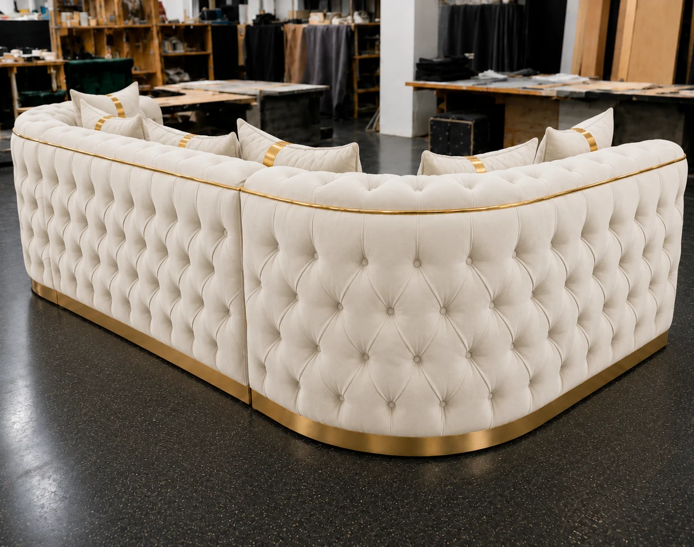 Luxury Off White L-Shaped Chesterfield Corner Sofa with Gold Accents - Image 4