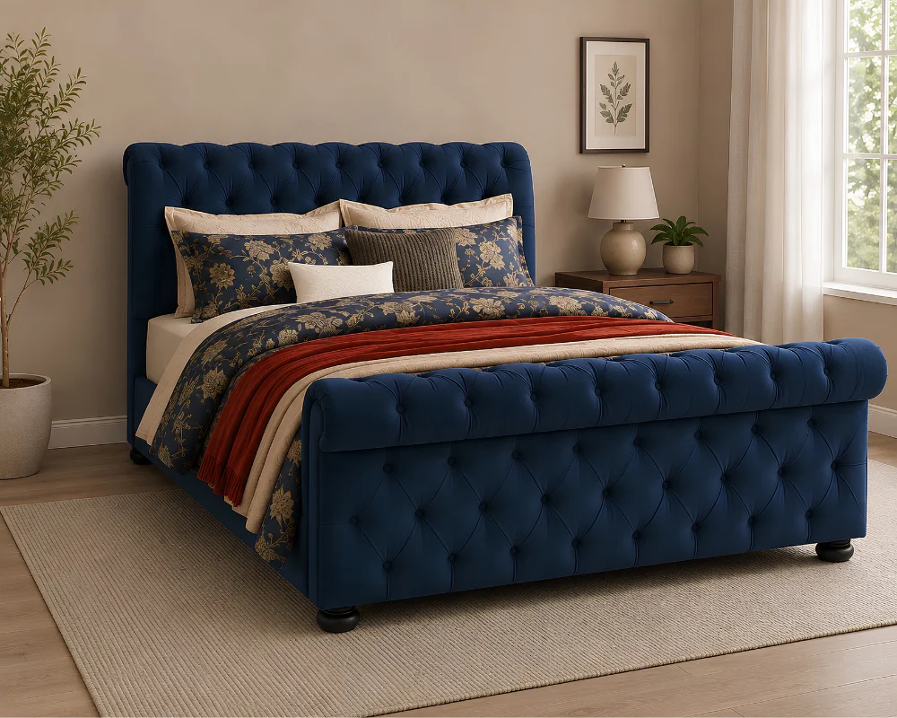 Classic Blue Chesterfield Emperor Bed - Luxury Sleigh Design with mattress - Image 2