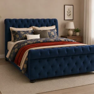 Elegant Deep Blue King Bed Frame-Luxury Sleigh Bed 180 × 200 cm with mattress