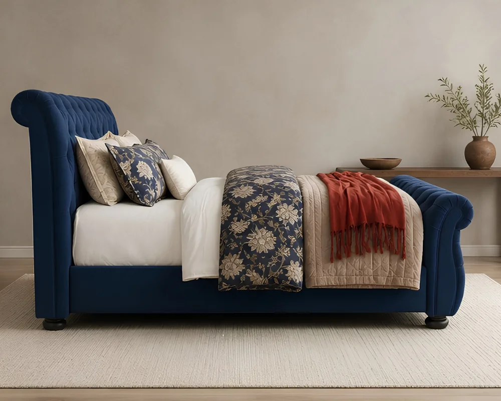 Classic Blue Chesterfield Emperor Bed - Luxury Sleigh Design with mattress - Image 4