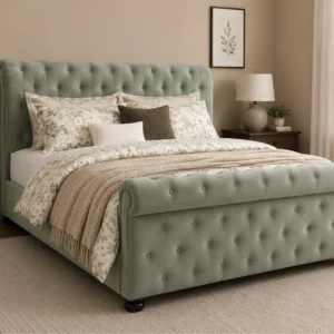Soft Green Velvet Sleigh King Size Bed -180 × 200 cm Upholstered Bed with mattress
