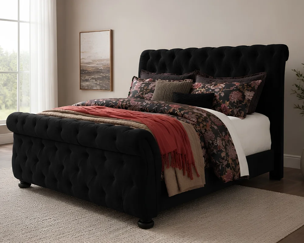 Black Velvet Sleigh King Size Bed - 180 × 200 cm Upholstered Bed with mattress - Image 3